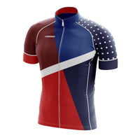 Front view of the premium Corsino Always blue and red men's cycling top, highlighting the secure silicone waistband gripper that guarantees the jersey stays locked perfectly in position during your most intense road sprints.