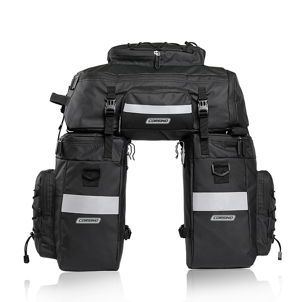 Pannier Bag 75L in black, made of water-resistant 500D PVC Twill Fabric. Top dimensions: 31x15x49cm, sides dimensions: 29.5x15x34cm, weight: 2300g. A multi-functional rear pannier bike bag that combines two shoulder bags and a backpack, offering 75 liters of storage space for versatile adventure needs.