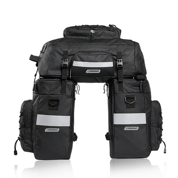 Pannier Bag 75L in black, made of water-resistant 500D PVC Twill Fabric. Top dimensions: 31x15x49cm, sides dimensions: 29.5x15x34cm, weight: 2300g. A multi-functional rear pannier bike bag that combines two shoulder bags and a backpack, offering 75 liters of storage space for versatile adventure needs.