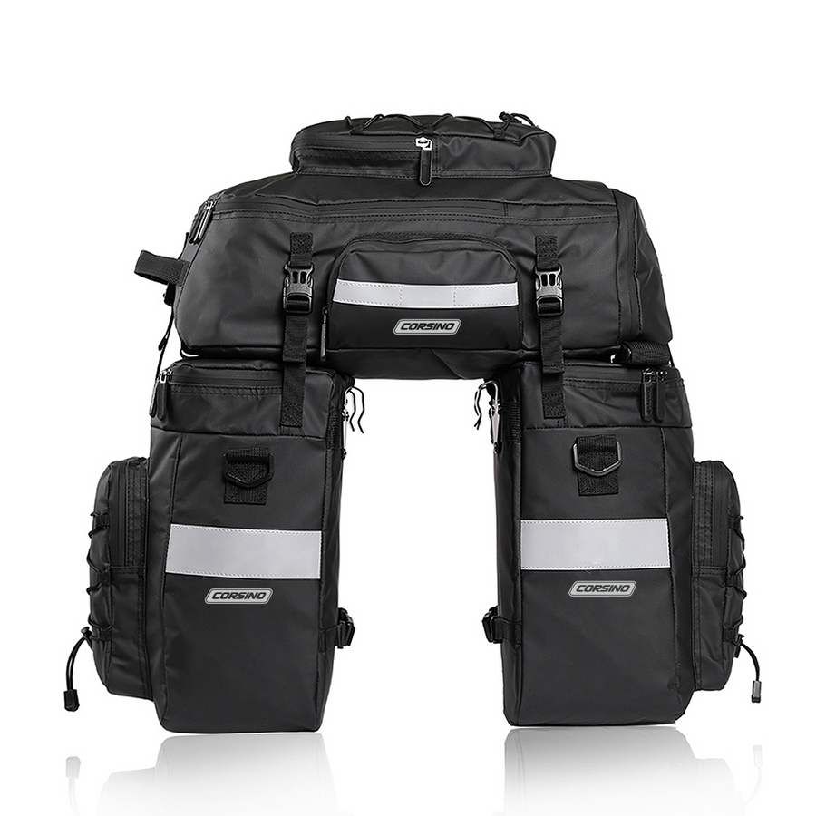 Pannier Bag 75L in black, made of water-resistant 500D PVC Twill Fabric. Top dimensions: 31x15x49cm, sides dimensions: 29.5x15x34cm, weight: 2300g. A multi-functional rear pannier bike bag that combines two shoulder bags and a backpack, offering 75 liters of storage space for versatile adventure needs.