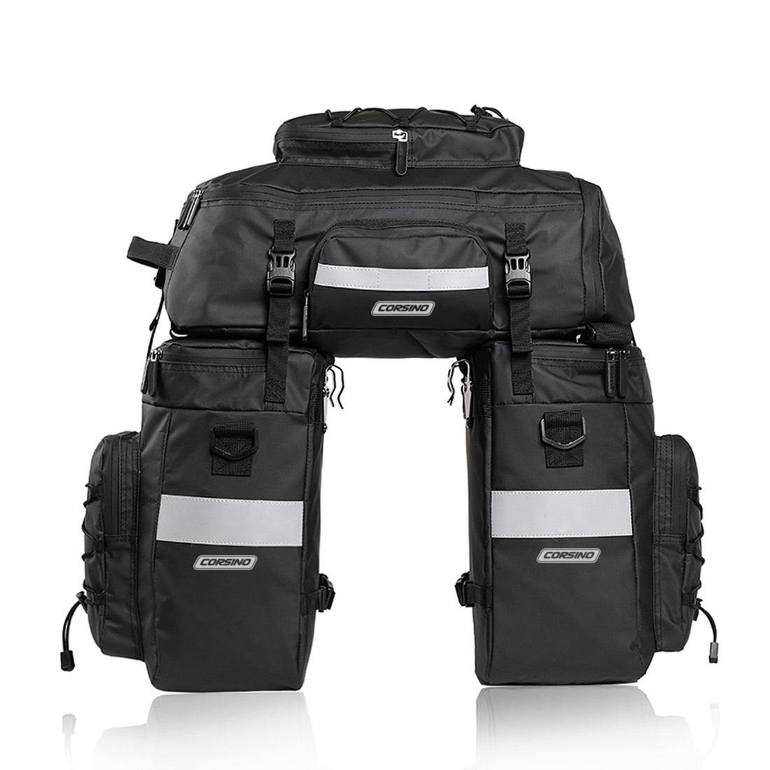Pannier Bag 75L in black, made of water-resistant 500D PVC Twill Fabric. Top dimensions: 31x15x49cm, sides dimensions: 29.5x15x34cm, weight: 2300g. A multi-functional rear pannier bike bag that combines two shoulder bags and a backpack, offering 75 liters of storage space for versatile adventure needs.