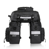 Pannier Bag 75L in black, made of water-resistant 500D PVC Twill Fabric. Top dimensions: 31x15x49cm, sides dimensions: 29.5x15x34cm, weight: 2300g. A multi-functional rear pannier bike bag that combines two shoulder bags and a backpack, offering 75 liters of storage space for versatile adventure needs.