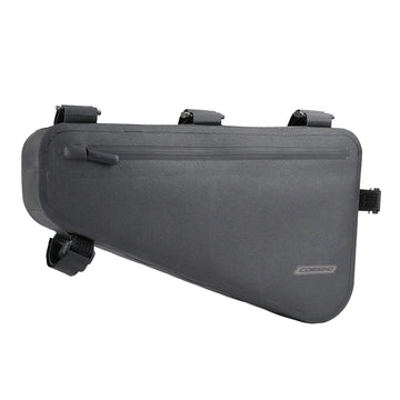 Frame Bag in black, made of waterproof 840D Nylon TPU. Dimensions: 39.5x6x23/10cm, weight: 330g. Features a 5-strap fixation system for stability, a 3-layer support structure to maintain shape under load, and is both waterproof and scratch-resistant.