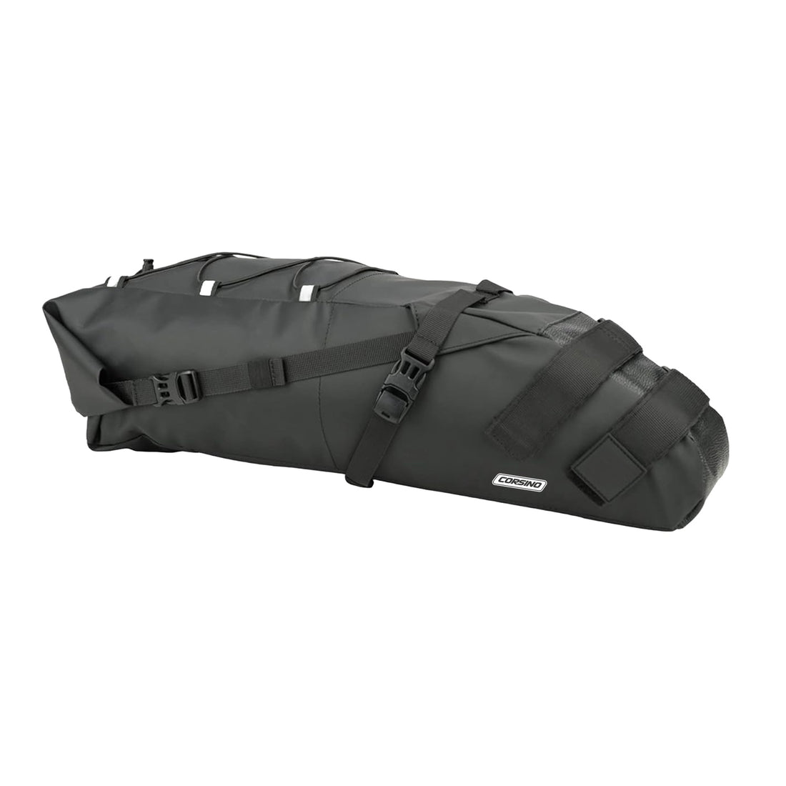 Side view of the Corsino Explorer Seat Pack 13L in black, showing its sleek waterproof PVC construction.