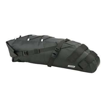 Side view of the Corsino Explorer Seat Pack 13L in black, showing its sleek waterproof PVC construction.