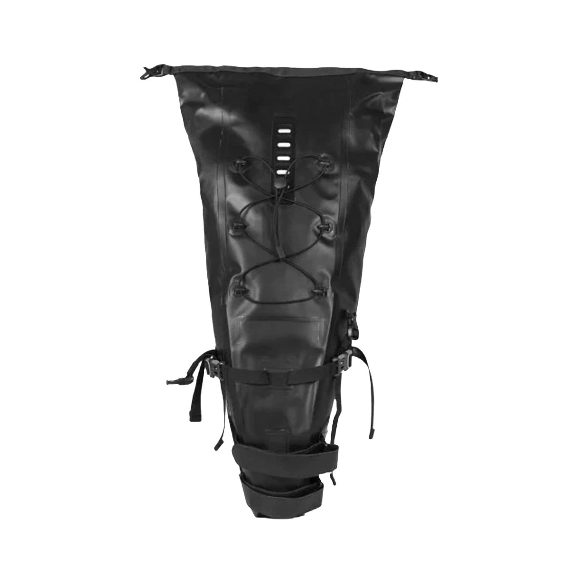Top view of the black Corsino Explorer Seat Pack 13L, showing elastic loops for extra gear attachment on the waterproof PVC surface.