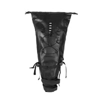Top view of the black Corsino Explorer Seat Pack 13L, showing elastic loops for extra gear attachment on the waterproof PVC surface.