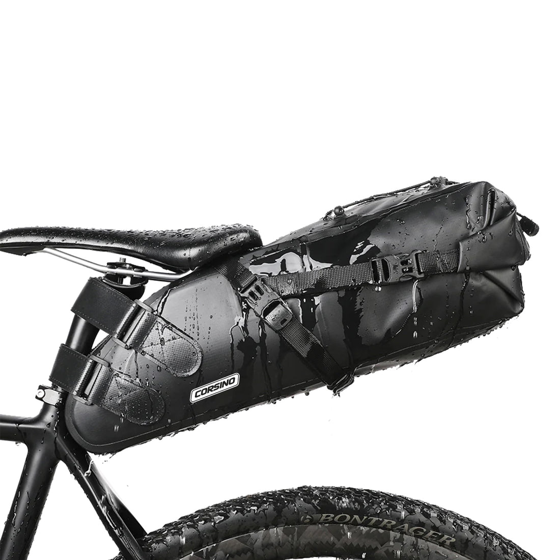 Corsino Explorer Seat Pack 13L securely attached under a bike saddle, demonstrating easy installation and ample storage capacity for cycling adventures.