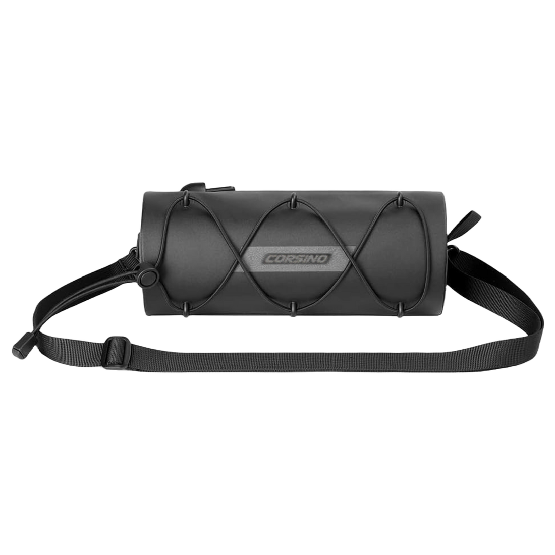 Front view of the black Corsino Force Bike Handlebar Bag showing the detachable shoulder strap and elastic storage loops on the waterproof 600D TPU surface.