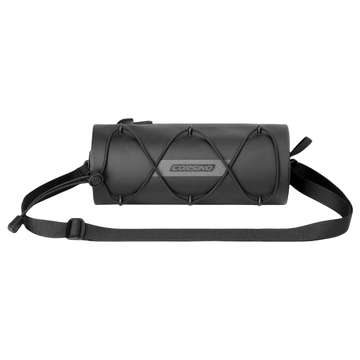 Front view of the black Corsino Force Bike Handlebar Bag showing the detachable shoulder strap and elastic storage loops on the waterproof 600D TPU surface.