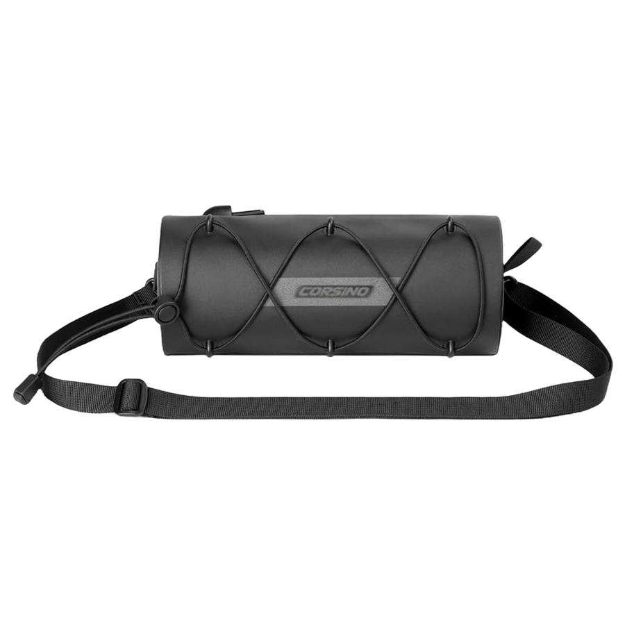 Front view of the black Corsino Force Bike Handlebar Bag showing the detachable shoulder strap and elastic storage loops on the waterproof 600D TPU surface.
