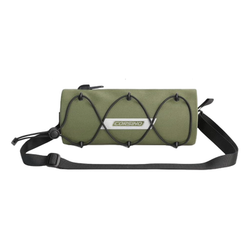 Front view of the olive Corsino Force Bike Handlebar Bag showing the detachable shoulder strap and elastic storage loops on the waterproof 600D TPU surface.