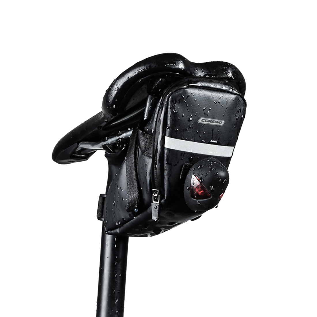 Saddle Bag in black, attached to a bike saddle and seat post, made of water-resistant polyester. Dimensions: 19x11x11cm, weight: 80g.