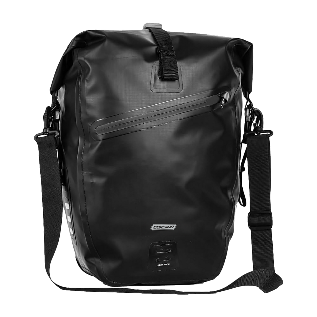 Front view of the black Corsino Journey Pannier Bag 27L with the detachable shoulder strap attached, showcasing its waterproof 500D PVC twill construction.