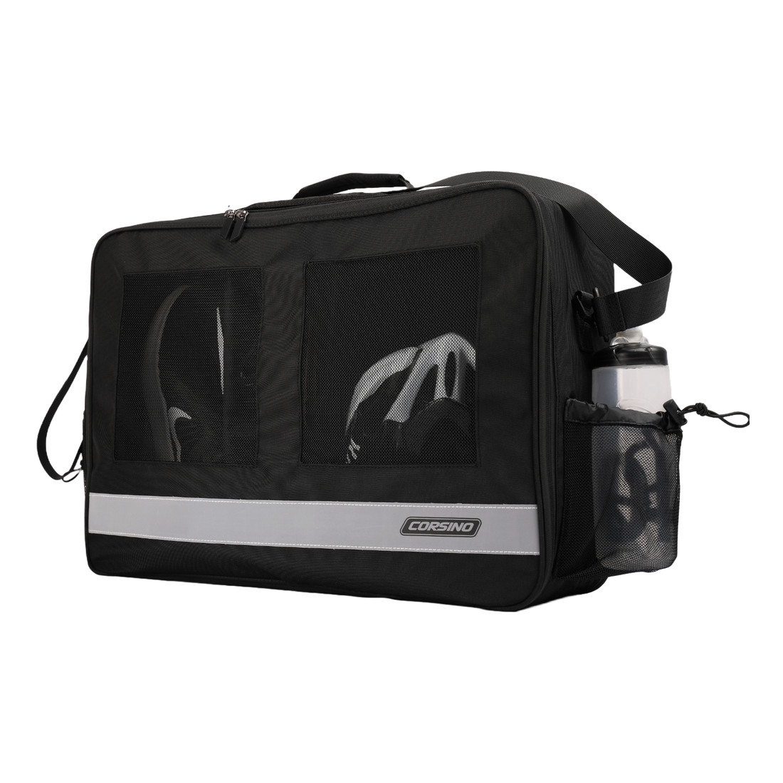 Corsino Traveller Duffel Bag C80B4500 in black, 56x38x18cm, 1791g. Durable polyester, ideal for cyclists, with anti-scratch material, three composite pressure structures, customizable compartments, and a breathable upper pocket. Front view.
