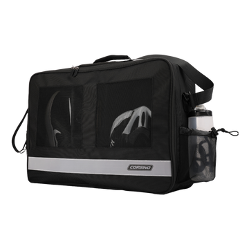 Corsino Traveller Duffel Bag C80B4500 in black, 56x38x18cm, 1791g. Durable polyester, ideal for cyclists, with anti-scratch material, three composite pressure structures, customizable compartments, and a breathable upper pocket. Front view.