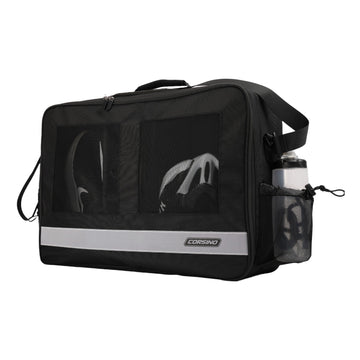 Corsino Traveller Duffel Bag C80B4500 in black, 56x38x18cm, 1791g. Durable polyester, ideal for cyclists, with anti-scratch material, three composite pressure structures, customizable compartments, and a breathable upper pocket. Front view.