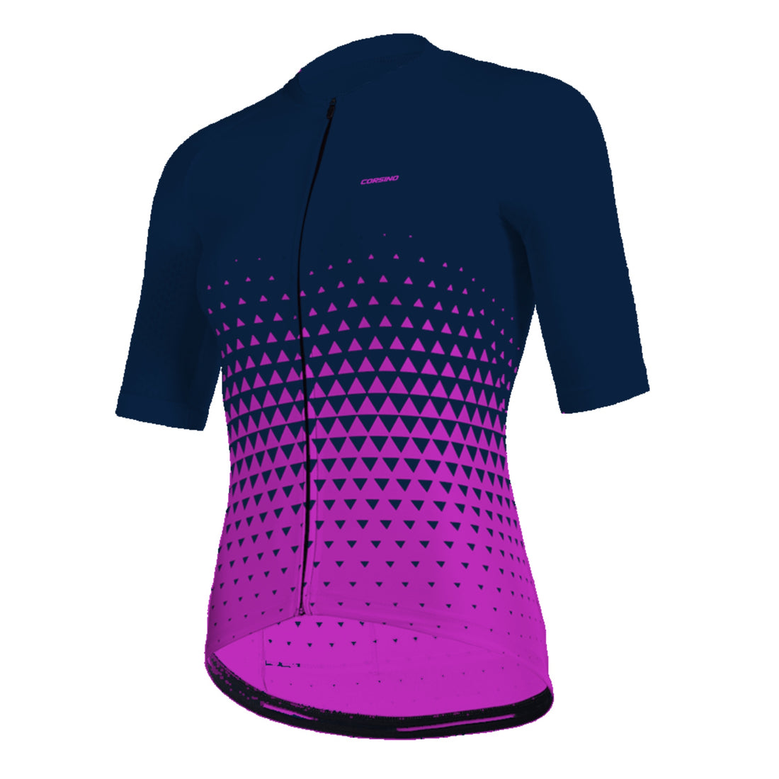 Front profile of the navy blue-to-purple gradient Corsino Diamond Women's Jersey, utilizing pro-level longer sleeve lengths and compression panels for a streamlined race silhouette