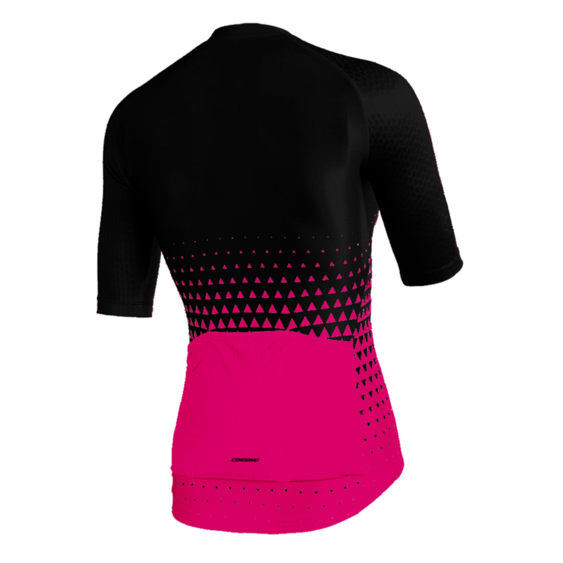 Rear view of the black and pink Corsino Diamond jersey for women, showing the compression side panels and full-length covered zipper for a superior anatomic fit