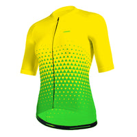 A yellow-to-green gradient Corsino Diamond Women's Cycling Jersey with an ergonomic race fit, designed with Forma fabric for superior thermoregulation and comfort on summer rides.