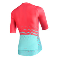 Rear profile of the red-to-turquoise Corsino Diamond Women's Jersey showcasing three rear bag pockets, a secure zip pocket, and reflective bands for high-visibility road cycling