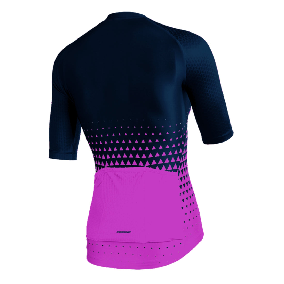 Back view of the navy gradient women's cycling top featuring 3 rear pockets and 1 zip pocket, optimized with Forma fabric for high-performance breathability and style.