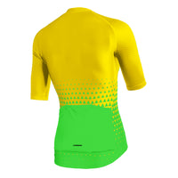 Back view of the yellow and green women's race jersey highlighting the internal silicone gripper on the waist and ergonomic design to keep the jersey in place during intense efforts