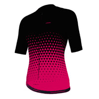 The Corsino Diamond Women's Race Fit Jersey in a sleek black-to-pink gradient, featuring carbon fabrics to combat electrostatic charges and improve body temperature control