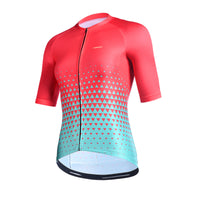 Front view of the Corsino Diamond Women's Short Sleeve Jersey in a red-to-turquoise gradient race fit, featuring breathable Forma fabric and pro-length Giro cut sleeves for maximum performance.