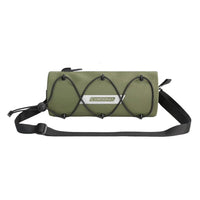 Front view of the olive green Corsino Force 2.4L bike handlebar bag, highlighting its durable 600D TPU construction and external elastic storage cords for securing additional items like raincoats