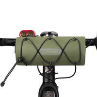 The 200g Corsino Force waterproof bike handlebar bag securely mounted to a bicycle, demonstrating its flexible attachment system that provides unobstructed access to keep bike lights and stopwatches visible