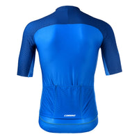 Rear profile of the blue Giro Men's Jersey highlighting three storage pockets, one secure zip pocket, and reflective bands for high-visibility road cycling
