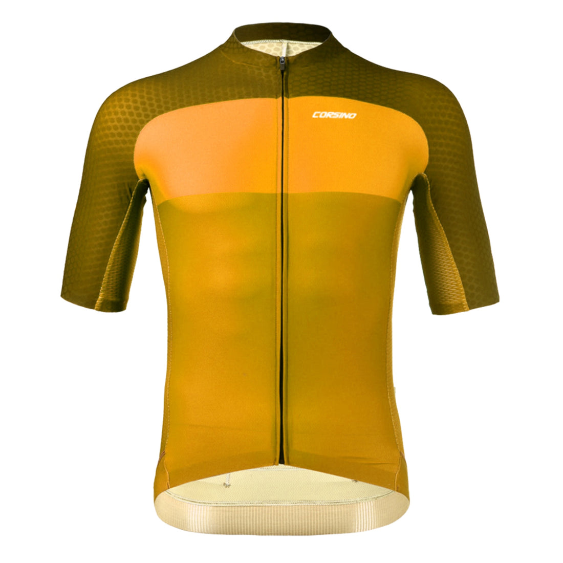 Front profile of the yellow and orange Giro Men's Jersey highlighting the Giro cut sleeves and longer pro sleeve length for maximum aerodynamic efficiency