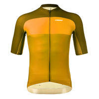 Front profile of the yellow and orange Giro Men's Jersey highlighting the Giro cut sleeves and longer pro sleeve length for maximum aerodynamic efficiency
