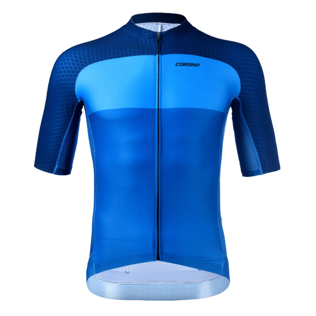 Front view of the blue Corsino Giro Men's Short Sleeve Jersey in a race fit, showcasing the breathable Forma fabric and carbon fibers for advanced body thermoregulation