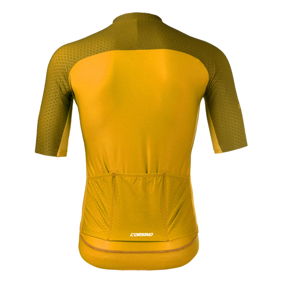 Rear view of the orange yellow Giro Men's technical top showcasing the ergonomic three-pocket system built for professional training and comfort
