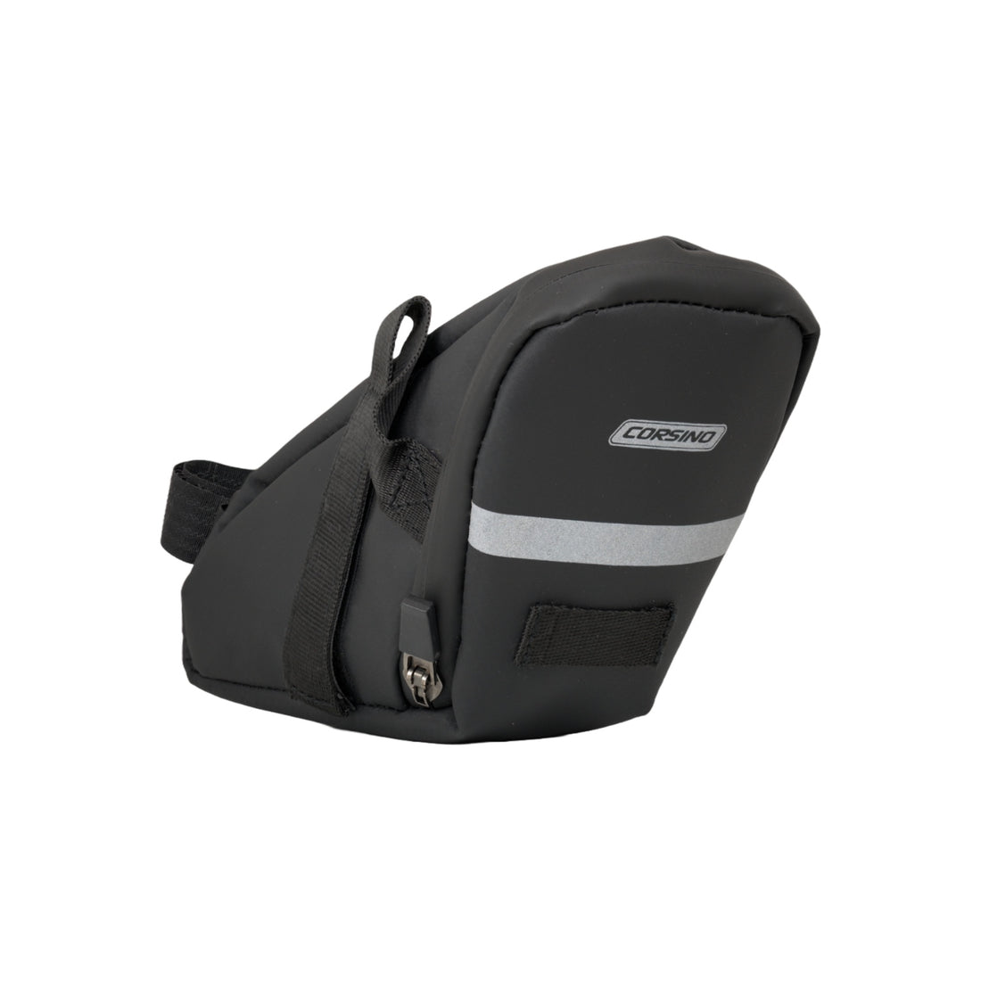 Side profile of the streamlined Corsino Jaunt Saddle Bag. Crafted from durable, water-resistant polyester, this compact under-seat pouch provides essential flat-tire tool storage without adding unnecessary weight or bulk to your bike.