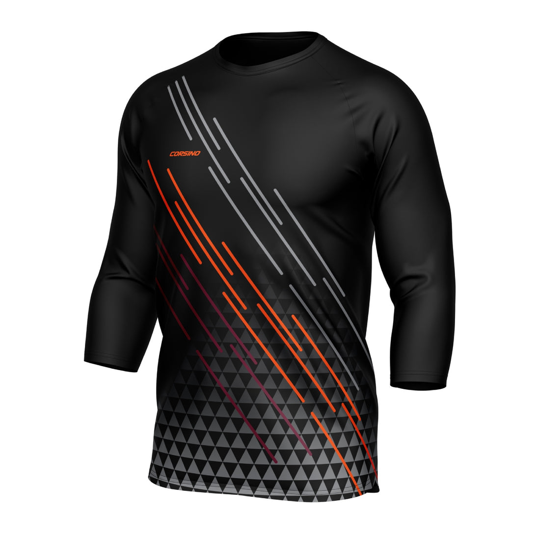 Front view of the stealth black Corsino Lines 3/4 Sleeve MTB Jersey. Crafted with sweat-wicking Quick Dry fabric and a protective overlap round neck collar, this durable top provides essential arm coverage and comfort for aggressive dirt trails.