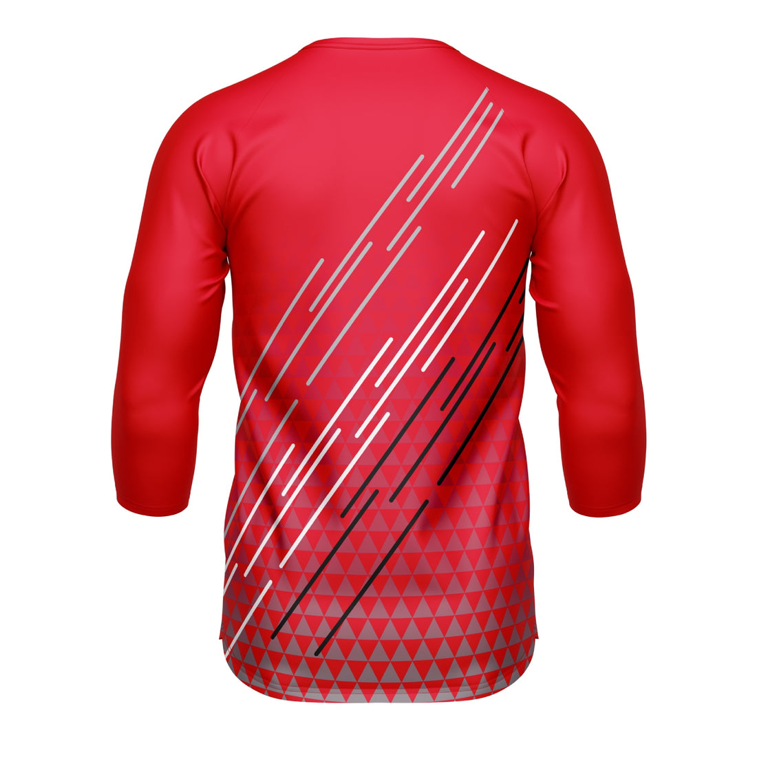 Rear view of the red Corsino Lines 3/4 sleeve trail jersey showcasing its breathable, loose-fitting structure that allows maximum upper-body mobility and rapid sweat evaporation for hardcore BMX adventures