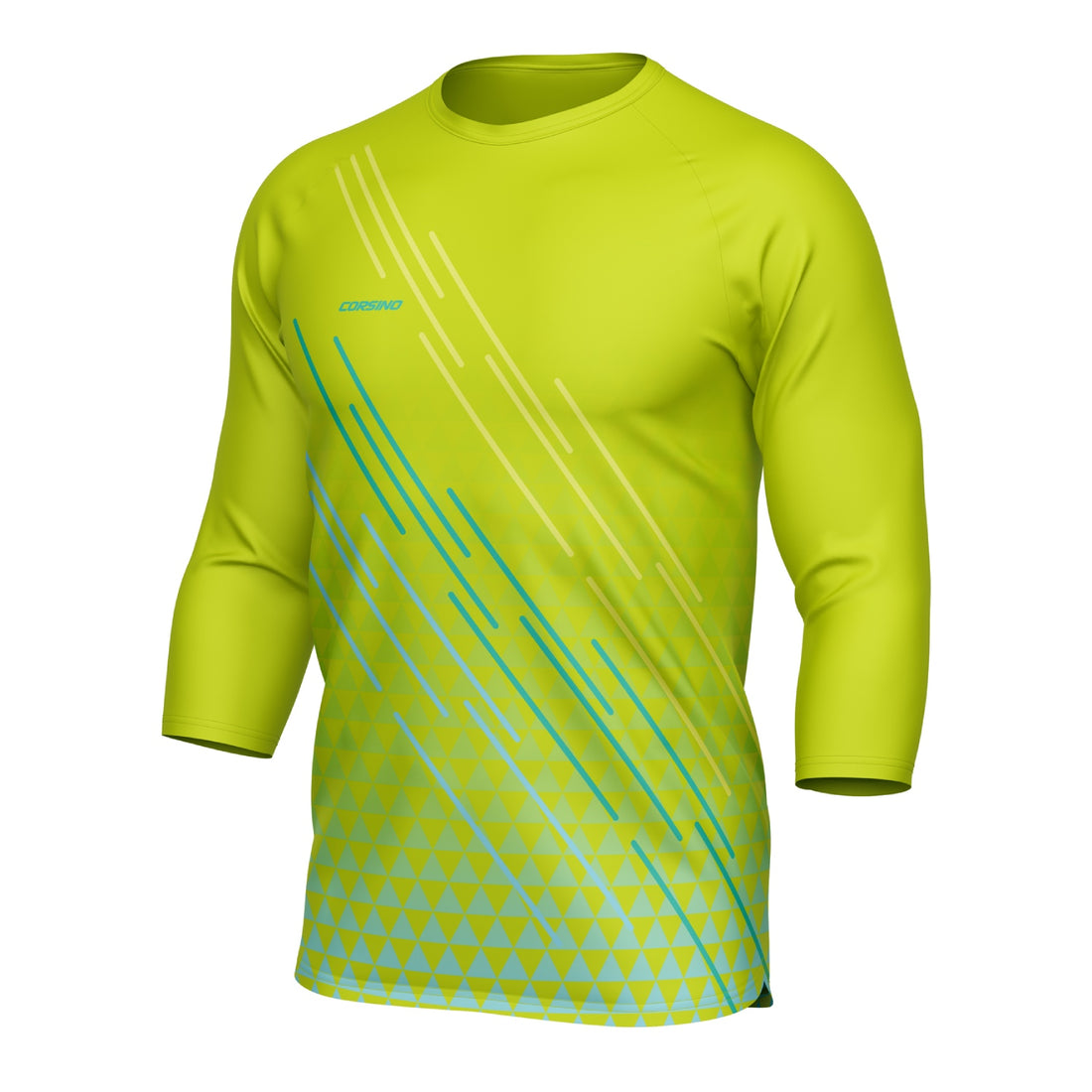 Front profile of the high-visibility yellow Corsino Lines 3/4 Sleeve MTB Jersey. Designed with an overlapping collar and advanced Quick Dry technology to provide off-road riders with a secure, sweat-free experience through rugged rock gardens