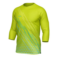 Front profile of the high-visibility yellow Corsino Lines 3/4 Sleeve MTB Jersey. Designed with an overlapping collar and advanced Quick Dry technology to provide off-road riders with a secure, sweat-free experience through rugged rock gardens