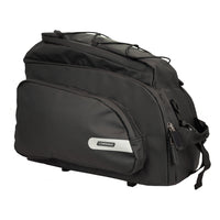 Side profile of the black Corsino Quest 17L bike rear rack bag, a spacious and robust PVC cargo solution designed for daily bicycle commuting and organized gear transport
