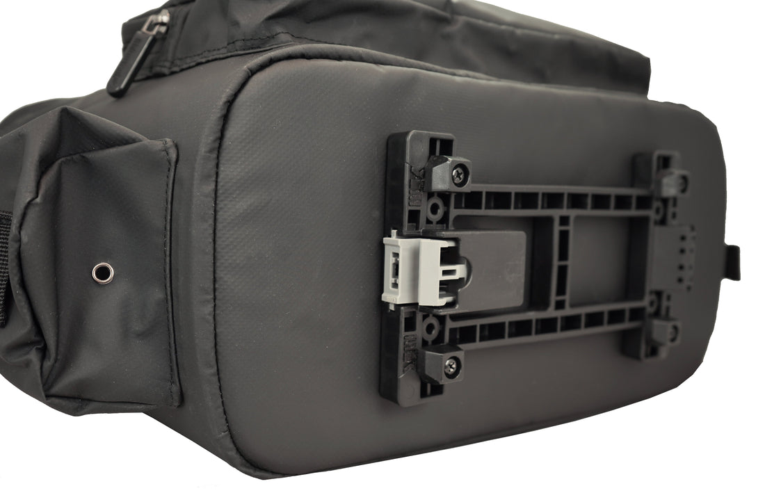 Angled bottom view of the Corsino Quest 17L rear bag highlighting the MIK 2.0 system, a popular bike rack attachment that allows for quick and secure installation
