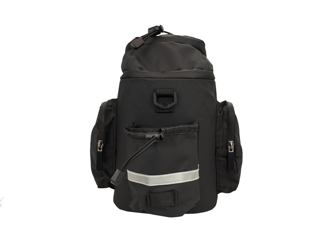 Back view of the black Corsino Quest 17L rear bike bag, showing the 1250g durable construction and an exterior pocket featuring a highly visible reflective safety stripe