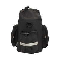 Back view of the black Corsino Quest 17L rear bike bag, showing the 1250g durable construction and an exterior pocket featuring a highly visible reflective safety stripe