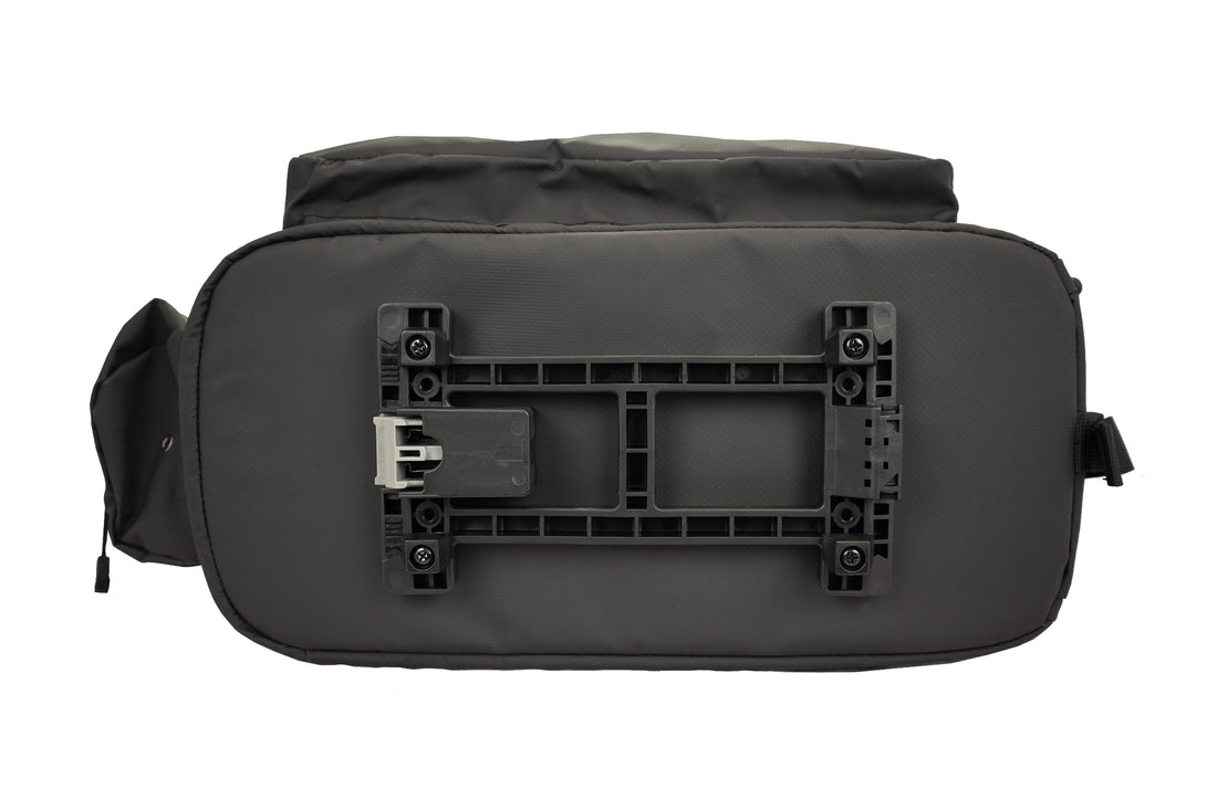 Direct bottom view showcasing the MIK 2.0 system with an integrated anti-theft lock on the Corsino Quest Trunk Cargo Bag, ensuring your commuter gear stays safe on the rack