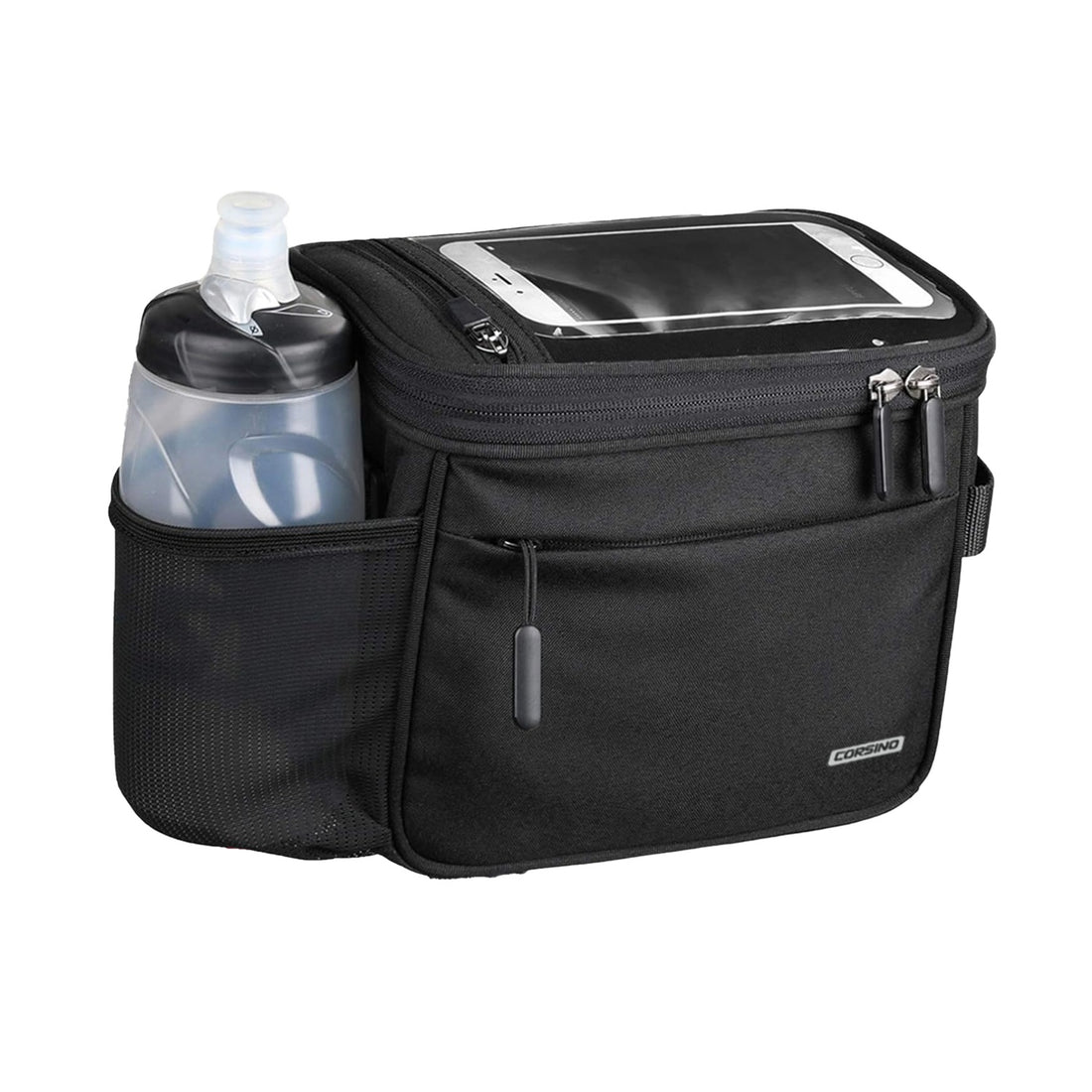 Front view of the Corsino Rover 4.5L Handlebar Bag mounted securely on a bicycle. Built with durable, water-resistant polyester, this premium front pack offers quick-access storage specifically engineered for dedicated cycling photographers