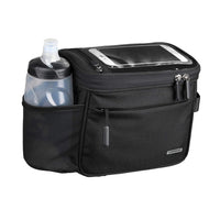 Front view of the Corsino Rover 4.5L Handlebar Bag mounted securely on a bicycle. Built with durable, water-resistant polyester, this premium front pack offers quick-access storage specifically engineered for dedicated cycling photographers