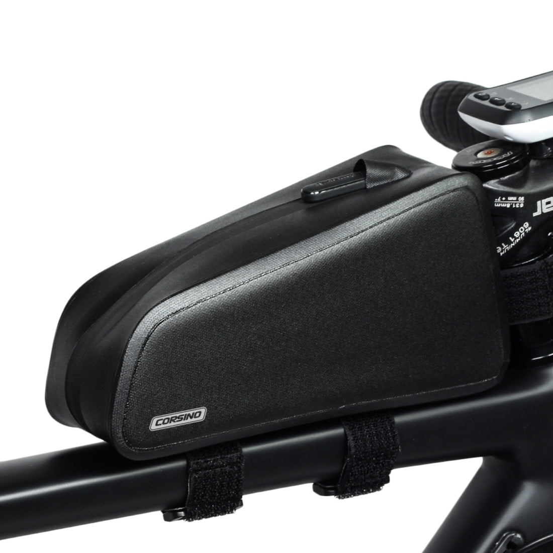 Side profile of the sleek Corsino Sally 1.2L Bike Frame Bag. Crafted from premium waterproof TPU with heat-sealed seams, this compact cycling pouch guarantees your smartphone and nutrition stay completely dry through the harshest rainstorms