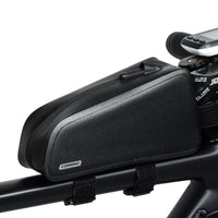 Side profile of the sleek Corsino Sally 1.2L Bike Frame Bag. Crafted from premium waterproof TPU with heat-sealed seams, this compact cycling pouch guarantees your smartphone and nutrition stay completely dry through the harshest rainstorms